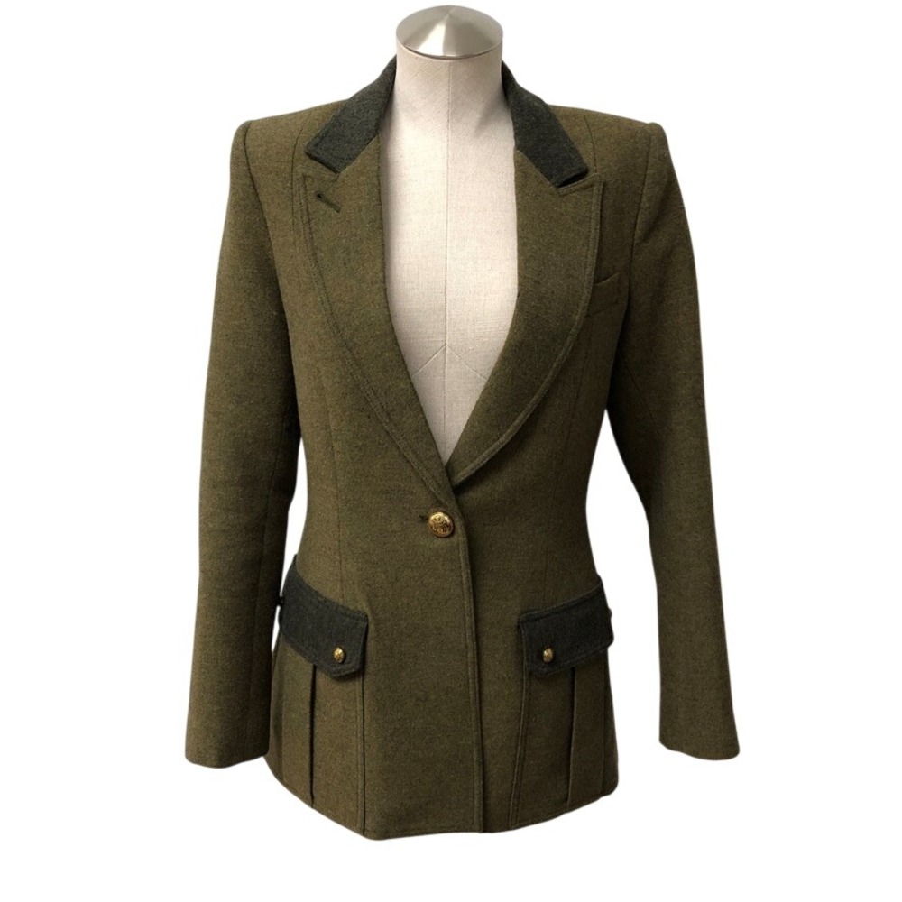 Smythe Blazer Womens 6 Olive Green Wool Blend Gold Crest Button Equestrian